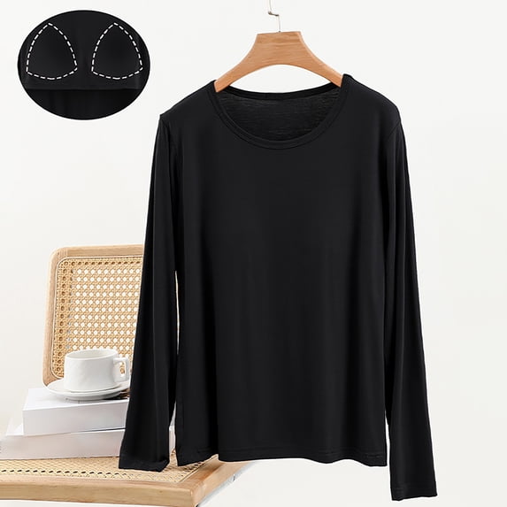 Loose Fit Women's Cotton Long Sleeve Top with Built-in Bra Pads,Soft Breathable Crew Neck Loungewear Shirt for Casual Daily Wear,Maternity Sleepwear,Layering Basic Tee Black L