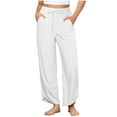 thumbnail image 1 of Loose Fitted Summer Pants Trousers New Linen Pants Women High Waisted Wide Leg Casual Beach Pull on Elastic Waist Summer Cropped Pants with Pockets White 3XL, 1 of 8