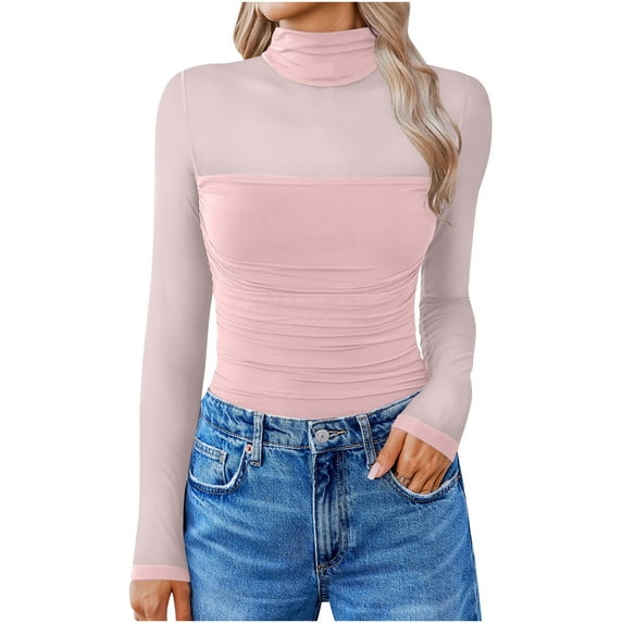 Loose Fitting Blouses Long Sleeve for Women New Womens Casual Long Sleeve Bodysuit Shapewear Bodysuits Mesh Stretch Leotard Shirt Going out Tops Pinky XXL
