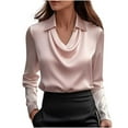 thumbnail image 1 of Loose Fitting Blouses for Women Summer New Women's Elegant Satin Silk Blouse Cowl Neck Ruched Front Draped Long Sleeve Work Office Shirt Tops Pinky 3XL, 1 of 7