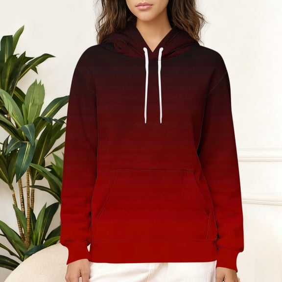 Loose Fitting Blouses for Women Trendy New Fashion Women's Casual Print Long Sleeve Hooded Sweatshirt Drawing Pocket Tops Blouse Style B-24 Wine XL