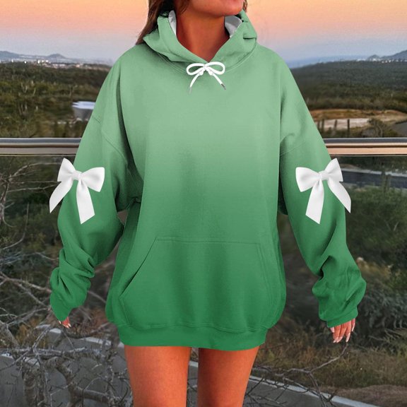 Loose Fitting Blouses for Women Trendy New Women's Daily Bow Loose Long Sleeved off Shoulder Hooded Sweatshirt Pullover Tops Style B-9 Mint Green M