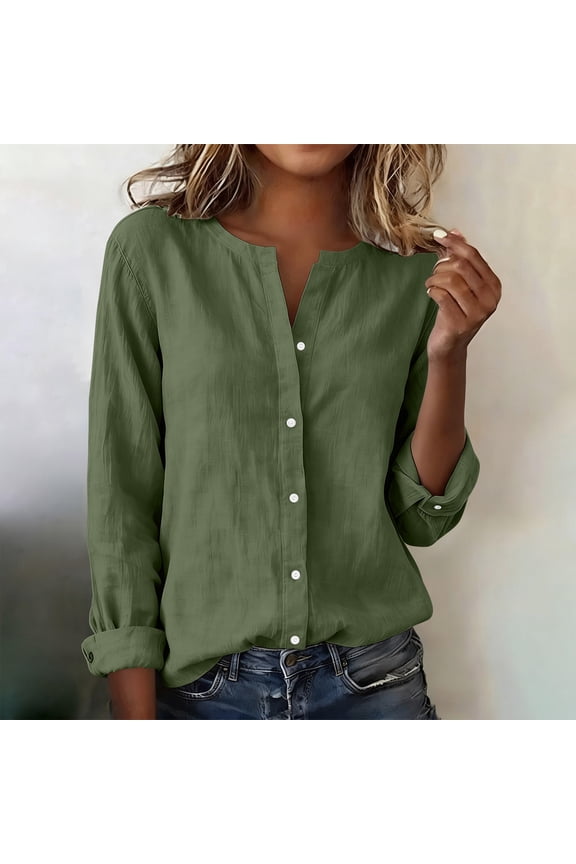Loose Fitting Blouses for Women Trendy New Women's Linen Spring/Summer V-Neck Pullover Button Shirt Short-Sleeved Tops Style B-32 Army Green L