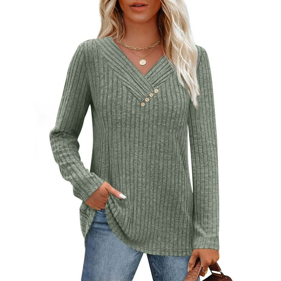 Loose Fitting Blouses for Work New Womens Long Sleeve V Neck Tops Casual Dressy Pullover Tunic Sweaters Lightweight Fall Trendy Blouses Army Green XL