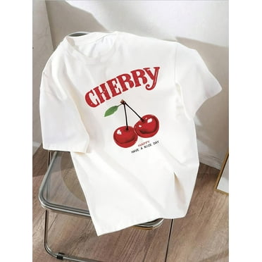Loose-Fitting Round-Neck Cherry Print T-Shirt for Women, Lightweight Pullover for Spring And Summer, Short-Sleeved Casual Sports Top.