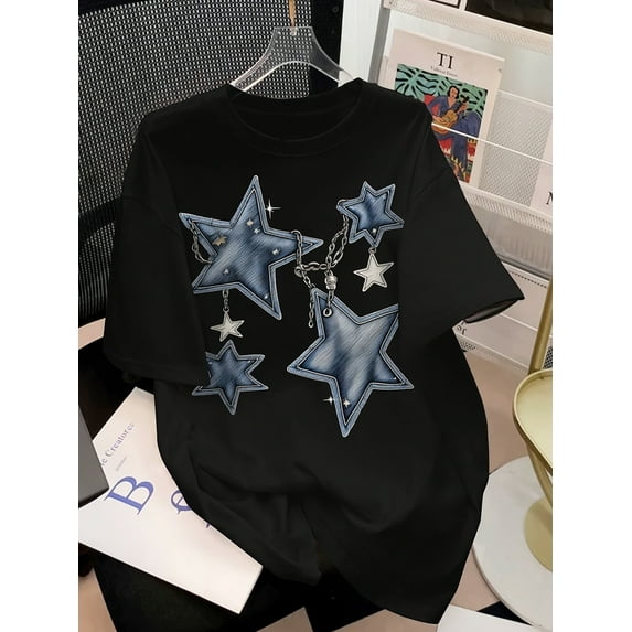 Loose-Fitting Round-Neck T-Shirt for Women with Star Print, Suitable for Spring And Summer, Lightweight Pullover, Short Sleeves, Casual Sports Top., Ladies Comfy Tees, Casual Sporty Tee, Summer Gifts
