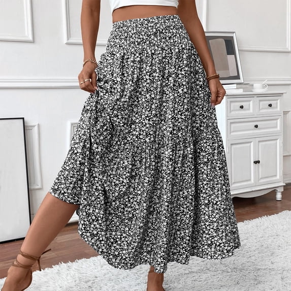 Loose Flowy Ditsy Floral Midi Skirts for Women Elastic Waist Tiered Ruffle A Line Beach Travel Long Skirt