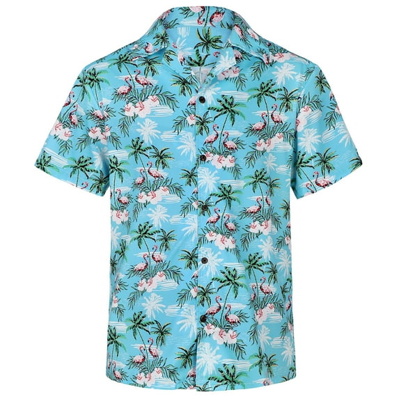 Loose Hawaiian Shirt for Men Short Sleeve Casual Button Down Floral Shirts Blue With Flamingo L