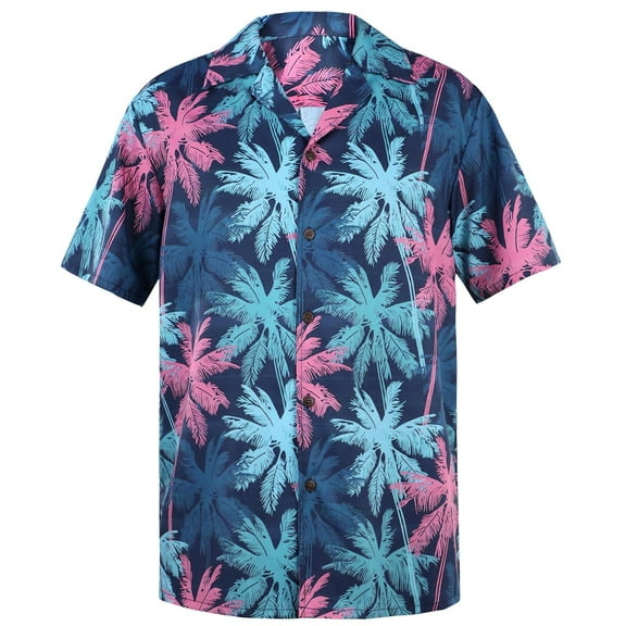 Loose Hawaiian Shirt for Men Short Sleeve Casual Button Down Floral Shirts Pink Blue Palm Leaf 2XL