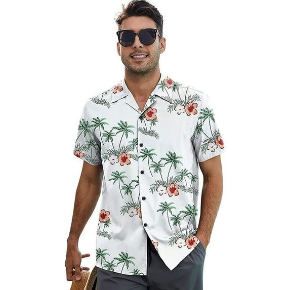 Loose Hawaiian Shirt for Men Short Sleeve Casual Button Down Floral Shirts White With Palm Trees 2XL