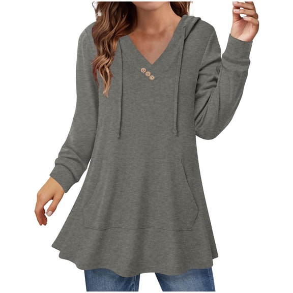 Loose Hooded Tops Womens Fall Casual Long Sleeve Cotton Shirts Trendy Lounge Wear Flowy Drawstring Pullover, Dark Gray M