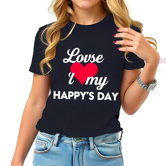 Loose I Love my Happy's Day Navy Blue T-Shirt for Women - Casual Comfort Tee with Bold Design