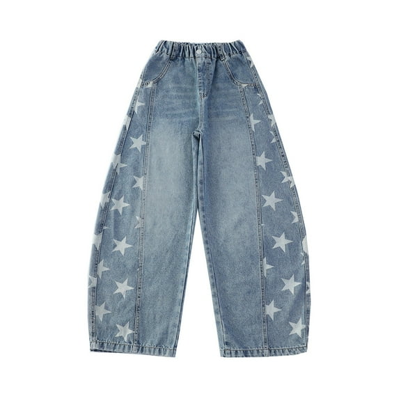 Loose Jeans for Girls, Side Star-Shaped Curved Knife Pants for Middle and Large Children, 5-16 Years Old, Blue 120