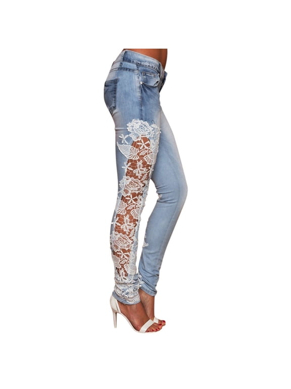 Loose Jeans for Women Skinny Jeans Lace Trim Leggings for Women High Waisted Jeggings Stretch Lace Hollow out Floral Soft Tights Denim Pants White M