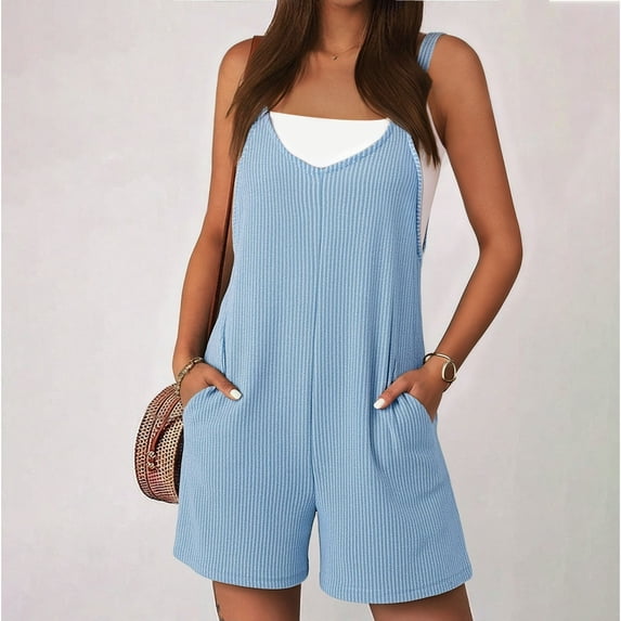 Loose Jumpsuits for Women Plus Size Women’s Baggy Jumpsuit Sleeveless Linen Elastic Cuffed Wide Leg Pants Loose Boho Vacation Overalls Blue L