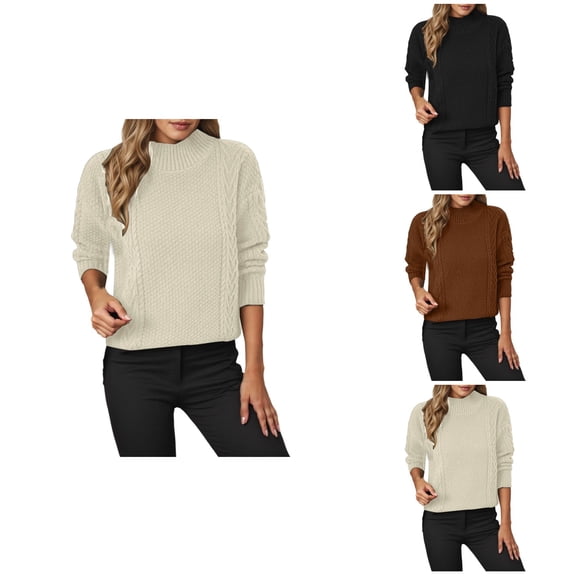 Loose Knit Pullover Sweater Semi High Neck Pattern Short Front Long Back Slit Hem Top