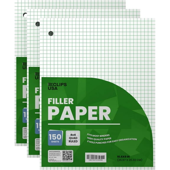 , Loose Leaf , 4 x 4 Squares Per Inch Quad Ruled , 10.5 x 8 Graphing Paper, 56 gsm, 150 Per Pack, 450 Sheets (3 Pack)