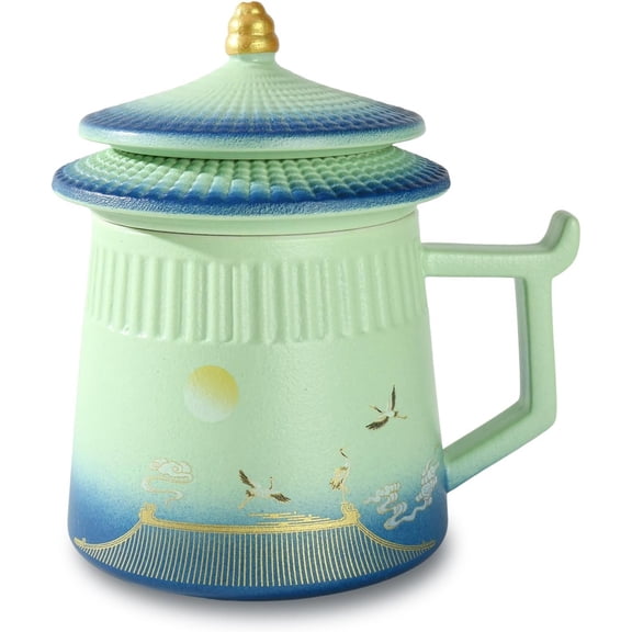 Loose Leaf Cup with Infuser and Lid, 14.8oz Chinese Ceramic Mug with Fine Mesh Strainer, Office Steeping Cup for Lovers Gifts