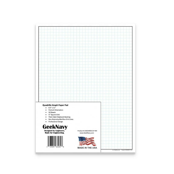 Loose Leaf GeekNavy Quadrille Graph Paper Pad, 8.5 x 11 Portrait - 200 Sheets