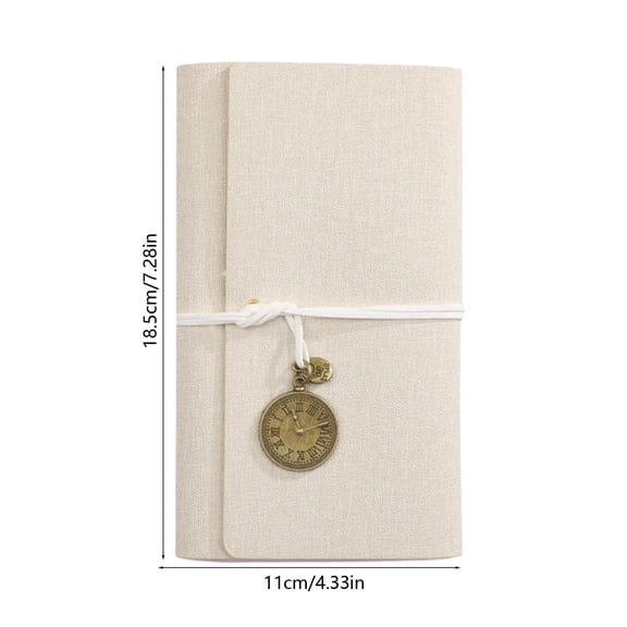 Loose Leaf Linen Notebook 4.33x7.28in Vintage Clock Charm Handmade Journal Portable Travel Diary with Cotton Tie Closure for Souvenir Notes,Beige