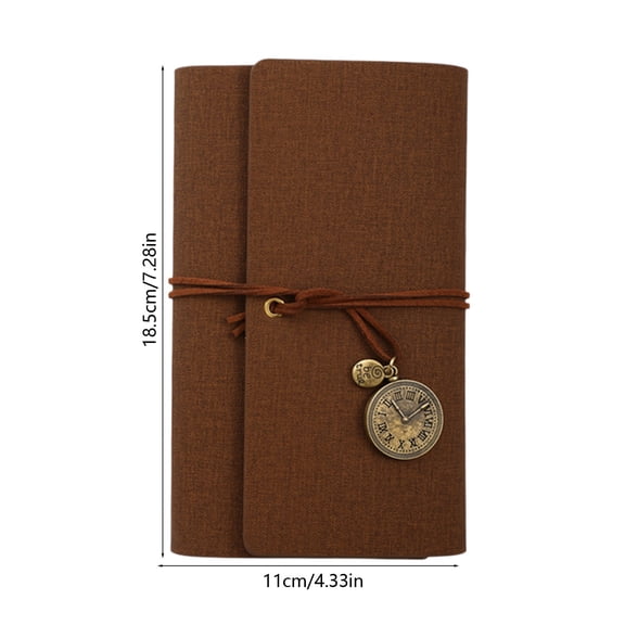 Loose Leaf Linen Notebook 4.33x7.28in Vintage Clock Charm Handmade Journal Portable Travel Diary with Cotton Tie Closure for Souvenir Notes,Coffee