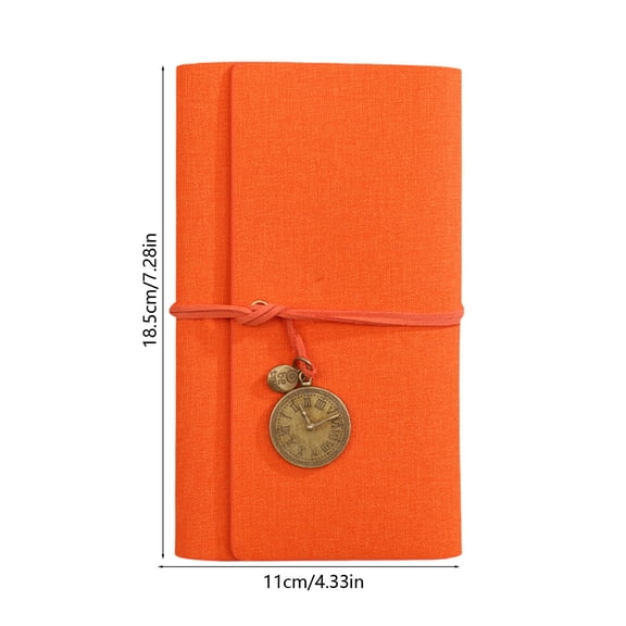 Loose Leaf Linen Notebook 4.33x7.28in Vintage Clock Charm Handmade Journal Portable Travel Diary with Cotton Tie Closure for Souvenir Notes,Orange