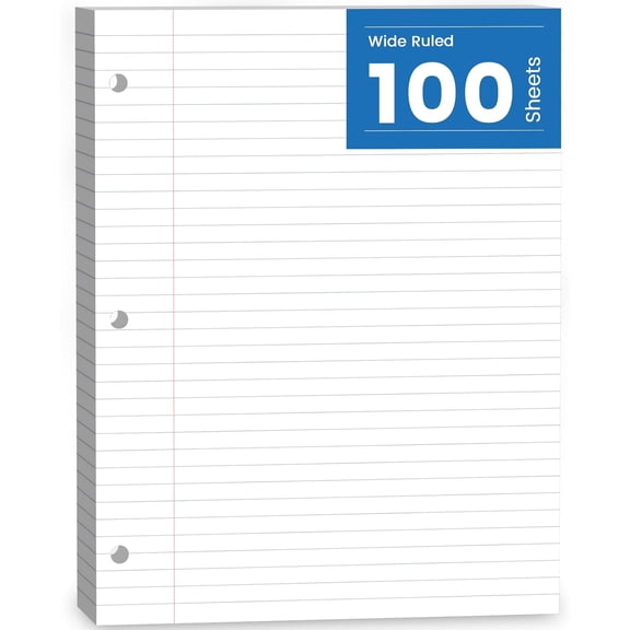 Loose Leaf Paper, 100 Sheets Notebook Paper, Binder Lined Paper Wide Ruled, 8.5'' x 11'' Loose Leaf, 3-Hole Punched Filler Writing Paper, 3-Ring Binder Note Papers, White