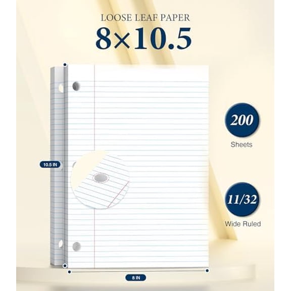 Loose Leaf Paper, 200 Sheets Notebook Paper, 8 x 10.5 College Ruled Paper, 3 Hole Punch Binder Paper, Lined Paper for 3 Ring Binders, College Ruled Paper, 8" x 10.5" Filler Paper