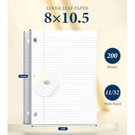 Loose Leaf Paper, 200 Sheets Notebook Paper, 8 x 10.5 College Ruled Paper, 3 Hole Punch Binder Paper, Lined Paper for 3 Ring Binders, College Ruled Paper, 8" x 10.5" Filler Paper