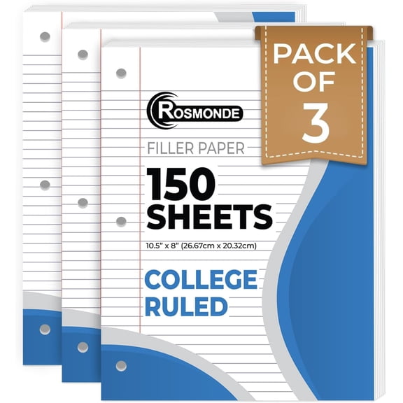Loose Leaf Paper, 450 Sheets, 3 Pack, College Ruled Paper, 8" x 10.5", Bulk Office Filler Paper, 3 Hole Punched, 150 Sheets/Pack, 56 gsm Paper, College Ruled Notebook Paper for Binder, White