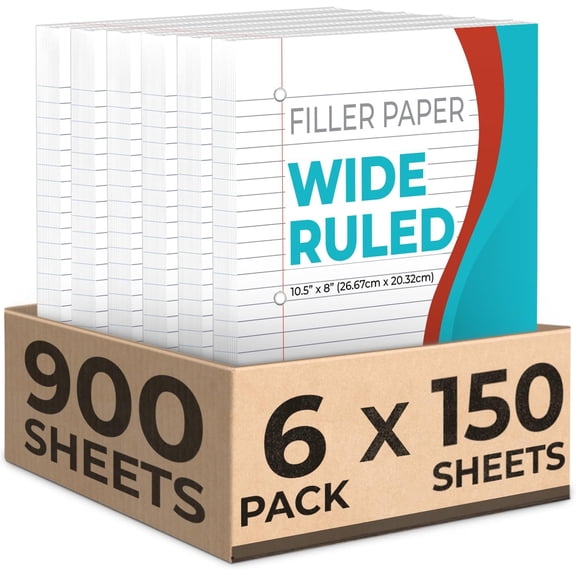 Loose Leaf Paper, 900 Sheets, 6 Pack, Wide Ruled, 8" x 10.5", Bulk Office Filler Sheets, 3 Hole Punched, 150 Sheets/Pack, Wide Ruled for 3 Ring Binder, Filler Notebook Paper, White