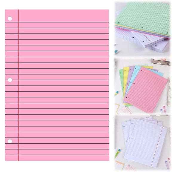 Loose Leaf Paper College Ruled 3 Hole Punched Colored Lined Sheets 8x11 Inches