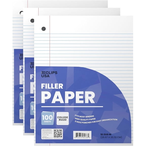 Loose Leaf Paper College Ruled Notebook Paper College Ruled Lined Paper Writing Paper Filler 10.5 x 8 300 Sheets 100 Sheets Per Pack 60 gsm (3 Pack)