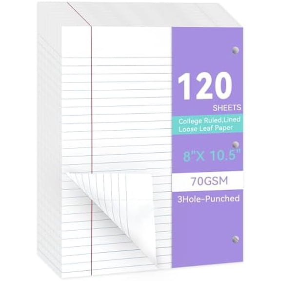 Loose Leaf Paper Wide Ruled Notebook Paper, 8" x 10.5" Lined Filler Paper for 3-Ring Binders, 3-Hole Punched Writing Paper-120 Sheets, White