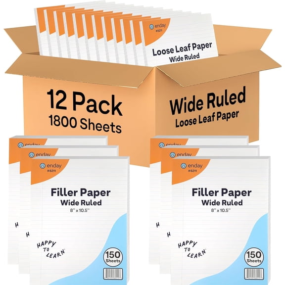 Loose Leaf Paper Wide Ruled Notebook Paper, 8 x 10.5 Filler Paper White, 3 Hole Punched Binder Paper for 3 Ring Binders, Lined Paper 150 Sheets Per Pack (12 Pack) - By Enday
