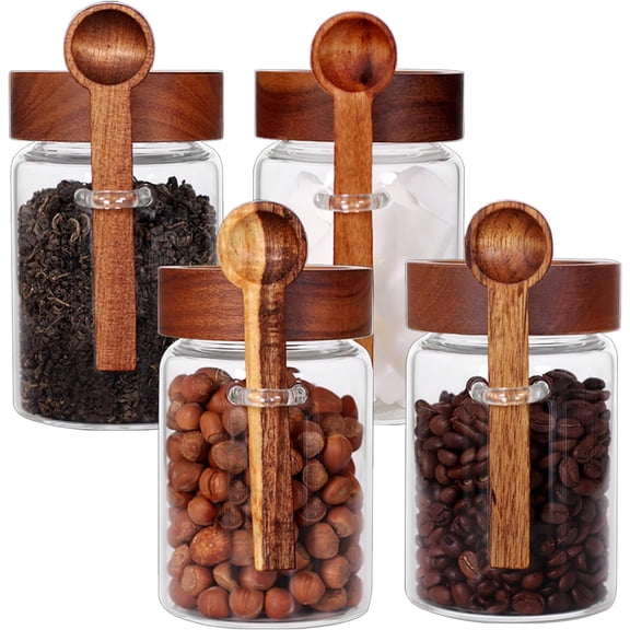 Loose Leaf Tea Storage Canister Set, 4 Pieces 16 OZ Glass Tea Containers with Wooden Lids and Spoons for Loose Tea, Coffee, Sugar, Oatmeal, Herbs (Tea Canisters)