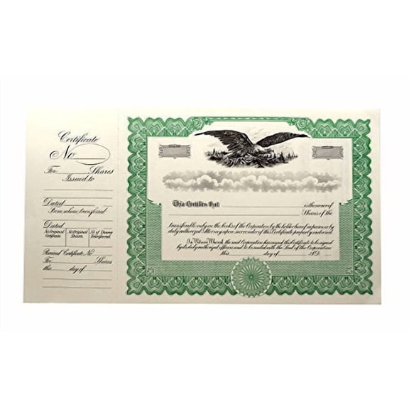 Loose Legal Size Stock certificates 3 inch perf stubs, 12/pk, Green