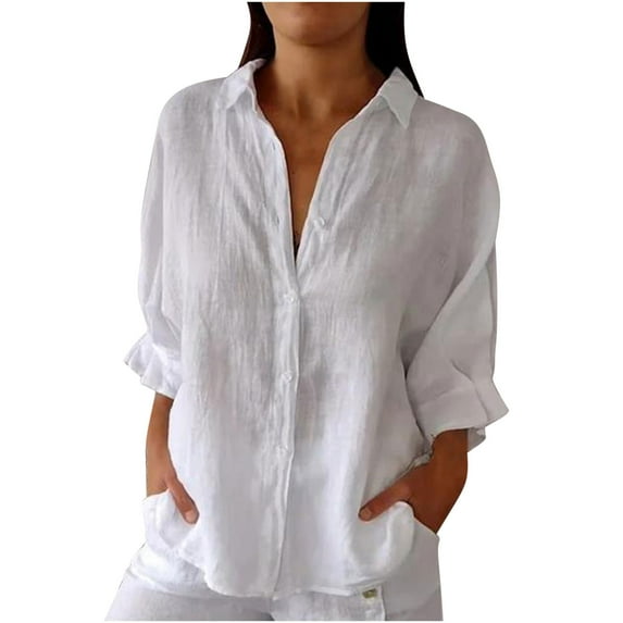 Loose Linen Tops for Women 3/4 Length Sleeve Summer Lightweight Button Up Collared Shirts Baggy Casual Blouses (X-Large, White)