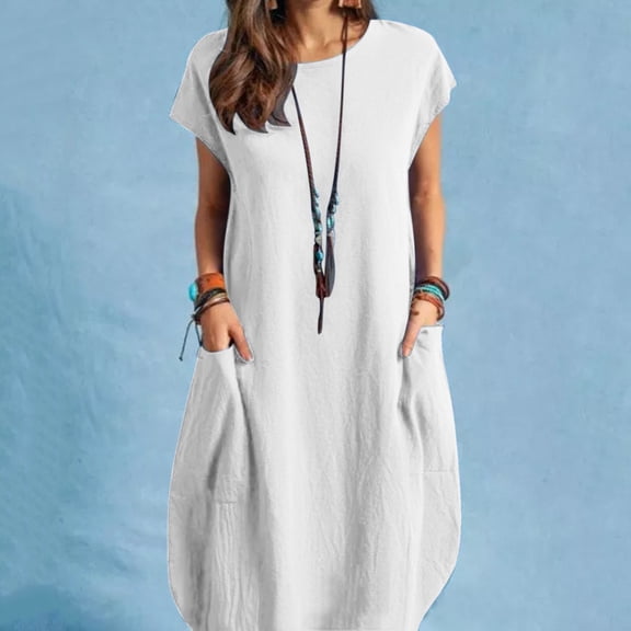 Loose Loose Dress Pocket O Neckline Casual Solid Dress Sleeve Short Women Women's Dress plus Size Summer Dresses Womens Dresses Shirt Summer Dresses Casual Dress Dress Women Summer Tunic Dress V Neck