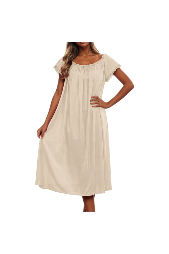 Loose Nightgown for Women Flowy Lace Short Sleeve Sleep Dress Pull On Baggy Sleepwear Long Beige Nightshirt