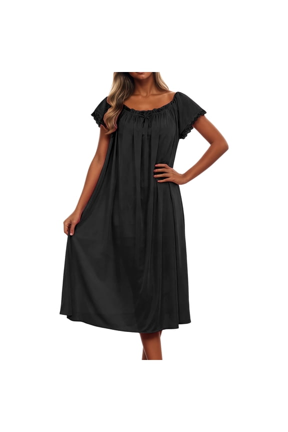 Loose Nightgown for Women Flowy Lace Short Sleeve Sleep Dress Pull On Black Sleepwear Baggy Long Nightshirt