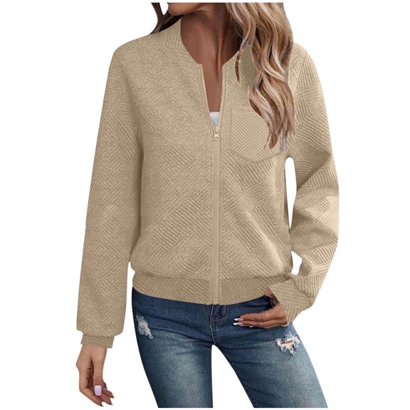 Loose Outerwear for Women New Women Zip up Sweatshirts with Pocket Oversized Long Sleeve Casual Loose Lightweight Jacket Outerwear Khaki M