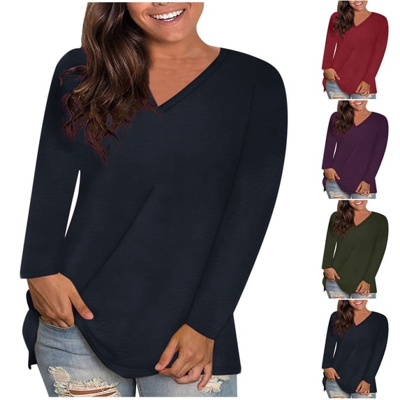 Loose Oversize V-Neck Solid Color Long-Sleeve T-Shirt Pullover for Women Plus Size Casual Top Women's Soft Breathable Daily Comfortable Tee