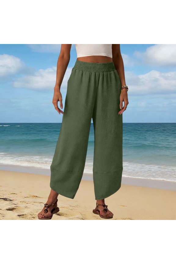 Loose Pants Women High Waisted Elastic Waist Slit Hem Pockets Travel Casual