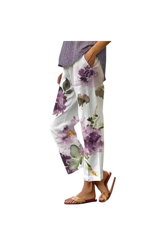 Loose Pants for Women Botanical Print Relaxed Fit with Patchwork Detail And Side Pockets for Weekend Comfort And Daily Styling Womens Trousers