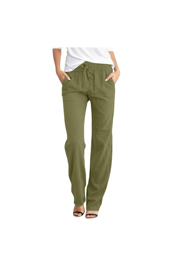 Loose Pants for Women High Waisted Solid Color Straight Leg Pants Elastic Waist Drawstring Slacks with Pockets Petite Pants for Women Army Green XXL