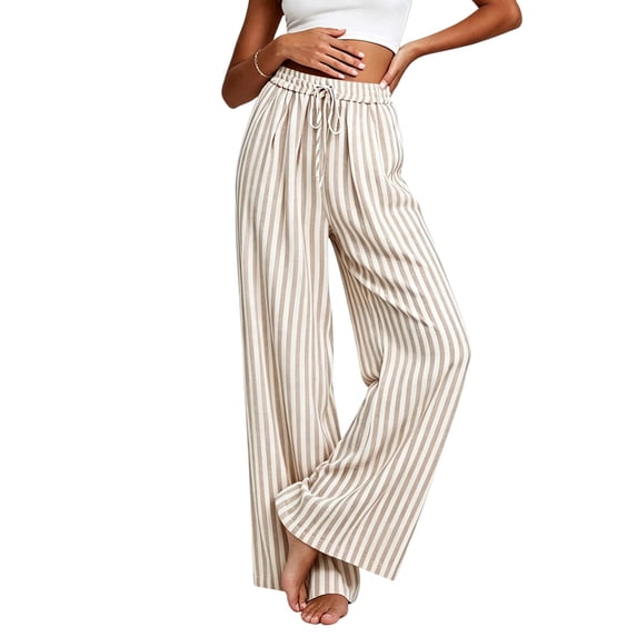 Loose Pants for Women Striped Drawstring Elastic Waist Wide Leg Pants with Side Pockets Comfortable Casual Long Lounge Trousers
