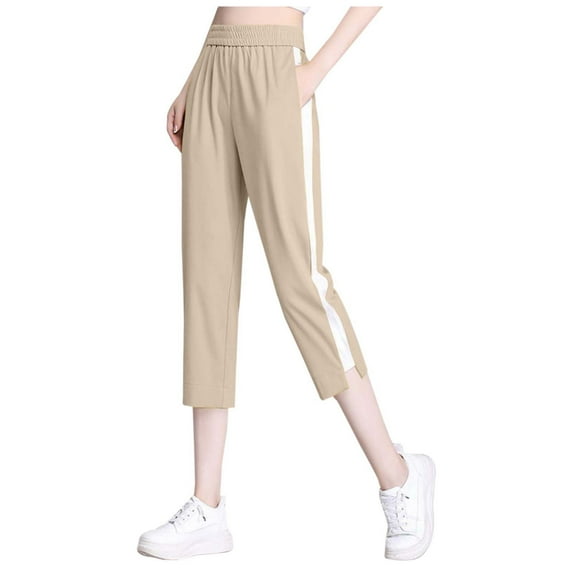Loose Pants for Women Summer Capri Pants Contrast Slim Fit Sporty Cropped Harem Lightweight Trousers Petite Pants for Women Khaki L