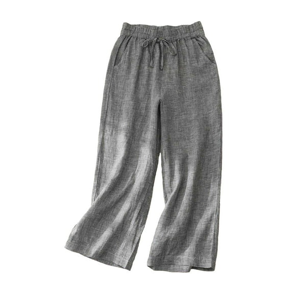 Loose Pants for Women Summer Tie Waist Pleated Wide Leg Capri Trousers with Pocket Palazzo Pull-Up Casual Bottoms, Black, XXL