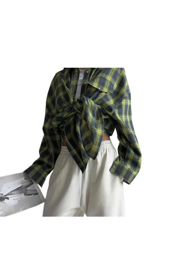 Loose Plaid Striped Long Sleeve Shirt with Pockets Casual Button Down Top